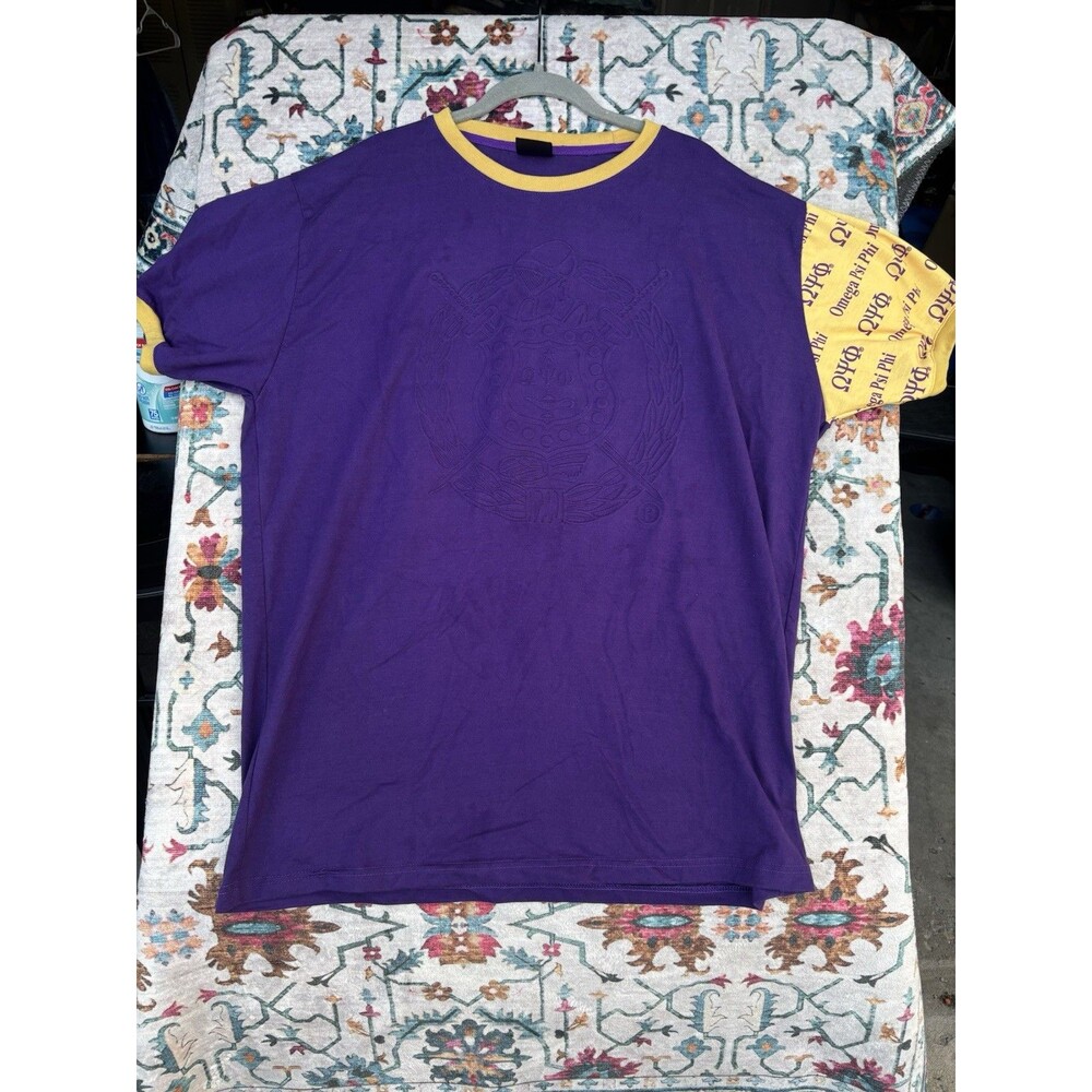 Omega Psi Phi Ringer T-Shirt Purple Gold 2XL Minor Stains